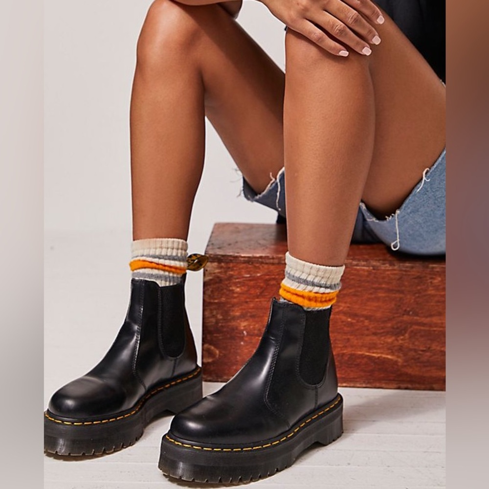 Dr. Martens Black Leather Platform Chelsea Boots with Yellow Stitching - Picture 2 of 10